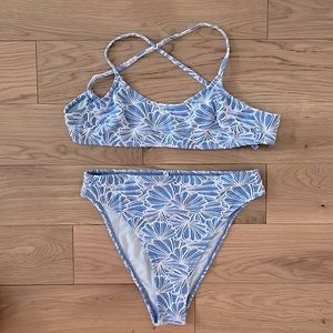 High Waist Baby Blue & White Floral Swim Suit Sz S/M (S top M bottom)